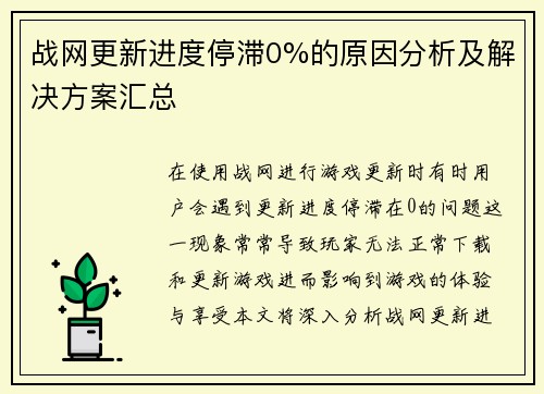 战网更新进度停滞0%的原因分析及解决方案汇总
