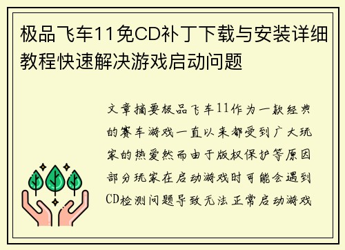 极品飞车11免CD补丁下载与安装详细教程快速解决游戏启动问题